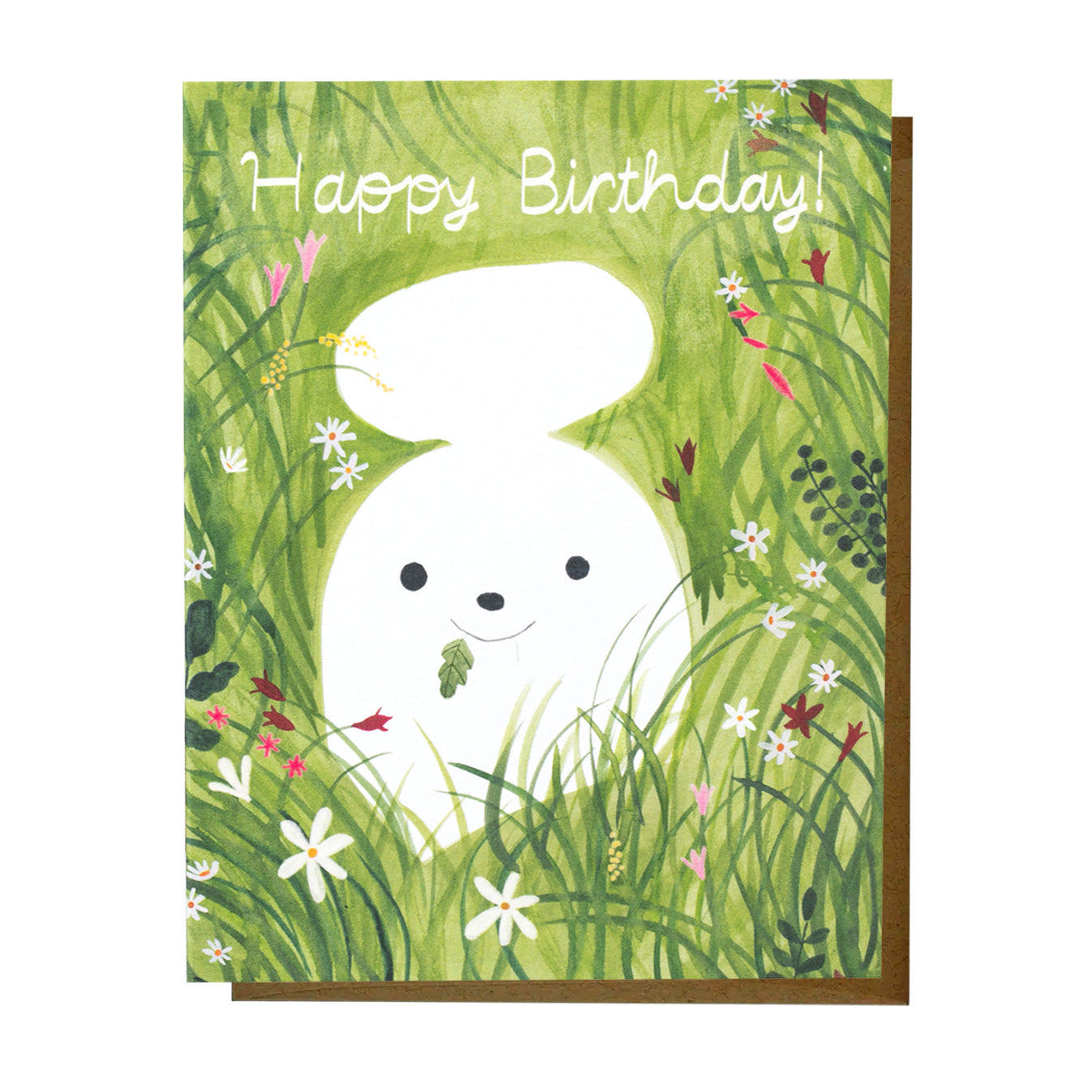 Illustrated birthday card reading ‘Happy Birthday Ruthie,’ featuring a charming white dog character in a whimsical, colorful style.