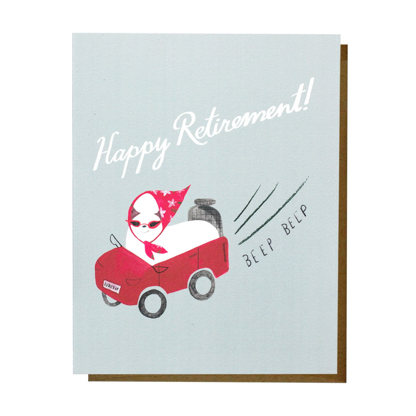 'Happy Retirement!’ card featuring a white dog wearing a red headscarf and sunglasses, driving a small red car with motion lines and the text ‘beep beep’ on a soft blue background.