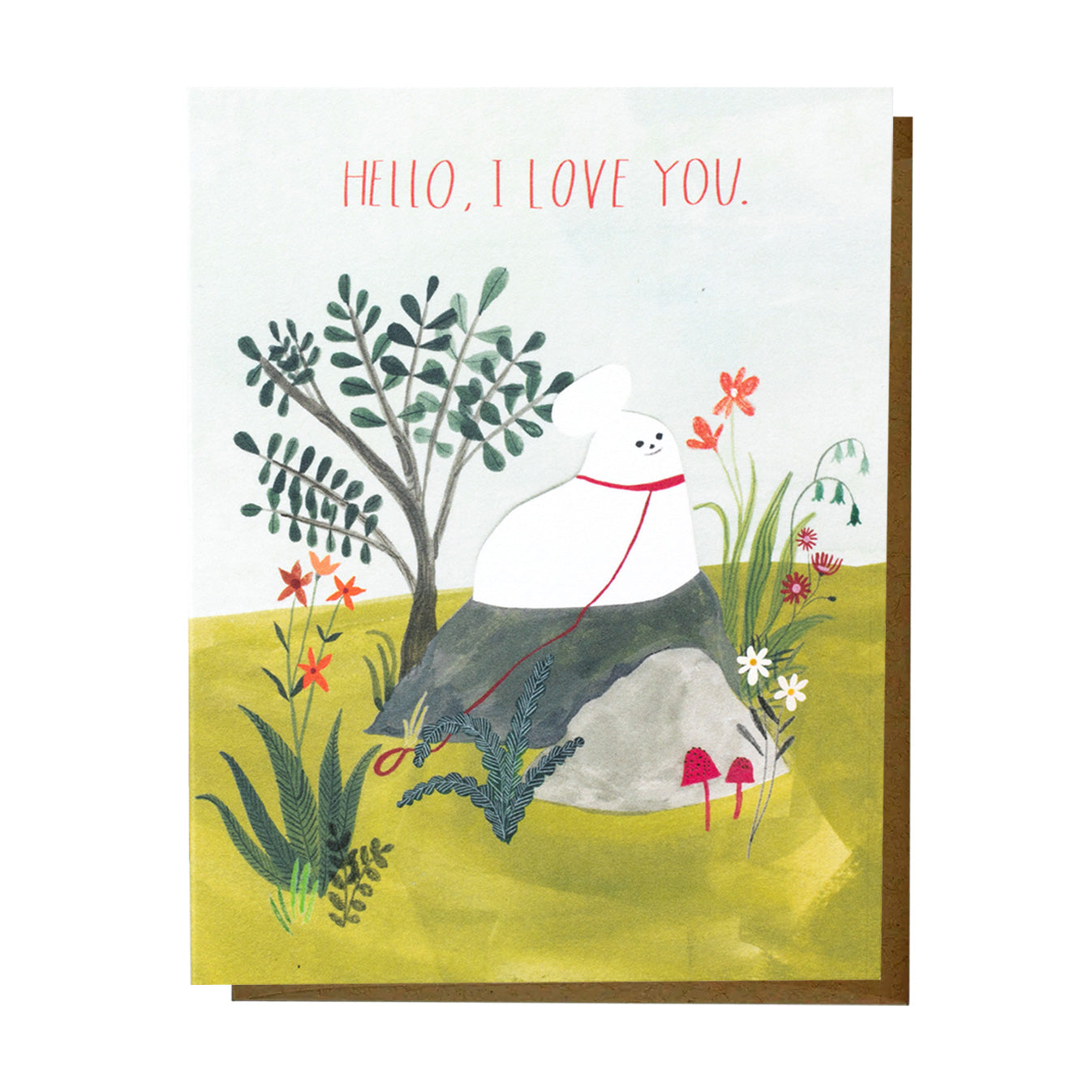Illustrated card reading ‘Hello, I love you.’ featuring a white dog sitting on a rock surrounded by flowers, grass, and a leafy tree in a soft, nature-inspired scene.