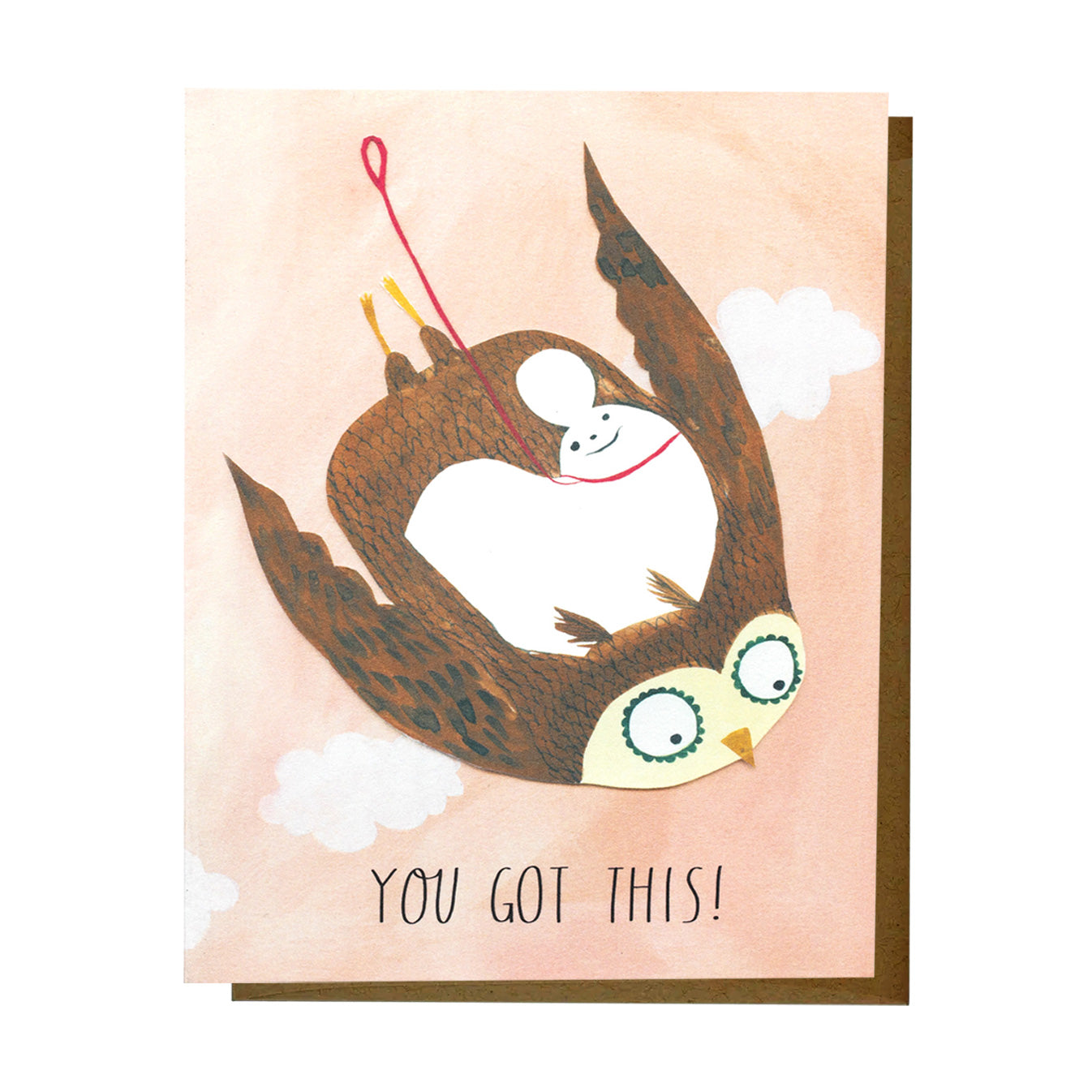 Illustrated greeting card with the text “You got this!” A brown owl is shown mid-flight against a soft peach background with clouds, carrying Ruthie the dog on its back. 